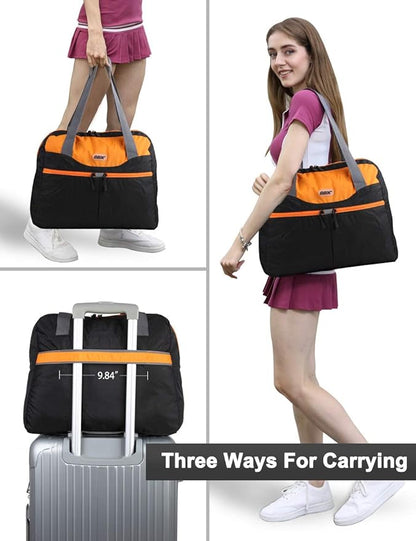 GOX Large Foldable Travel Duffel Bag Packable Tote Bag Carry on Luggage Weekender Overnight Bag Lightweight (Black&Orange)