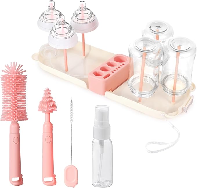 Portable 7-in-1 Baby Bottle Brush Set, Travel Cleaner Kit for Travel and Home, All-in-One Travel Baby Bottle Washing Kit: Integrated Cleaning & Drying System for Bottles and Breast Pump Parts (Pink)