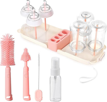 Portable 7-in-1 Baby Bottle Brush Set, Travel Cleaner Kit for Travel and Home, All-in-One Travel Baby Bottle Washing Kit: Integrated Cleaning & Drying System for Bottles and Breast Pump Parts (Pink)