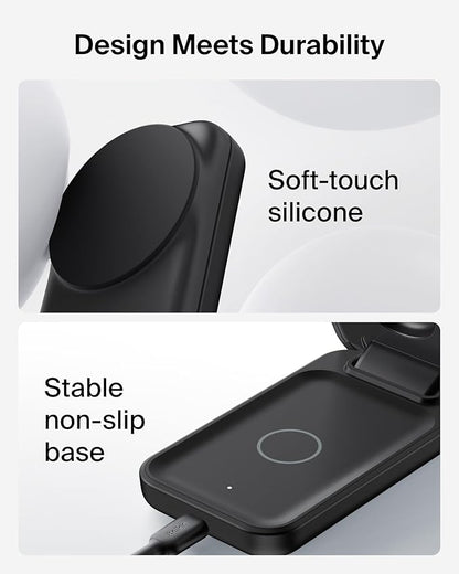 Belkin MagSafe Charger Compatible, 3-in-1 Charging Station, Qi2.2 25W Magnetic Wireless Charger Dock, Foldable Charging Stand for iPhone 17/16/15, Apple Watch, AirPods, Pixel 10 (45W Adapter Included)