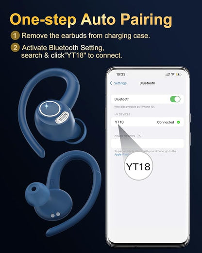 Wireless Earbuds, Bluetooth 5.4 Headphones Sport, Over Ear Buds with ENC Noise Cancelling Mic, 48H, Wireless Earphone with Earhooks, Stereo Deep Bass, IP7 Waterproof Ear Bud for Workout Running, Blue