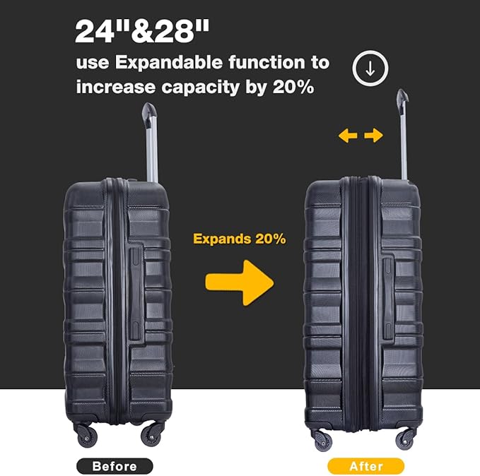 3 Piece Luggage Sets, PC Lightweight Expandable Suitcase with Two Hooks, Spinner Wheels, TSA Lock, (20/24/28) (Black)
