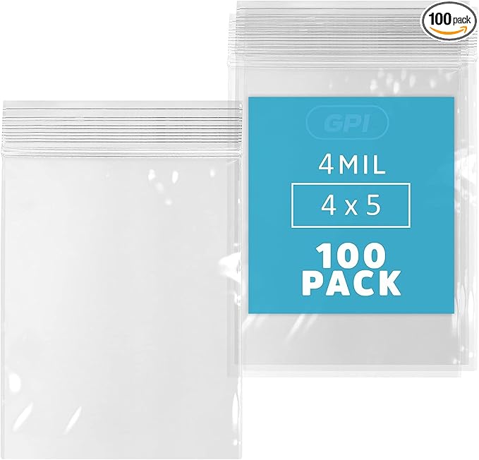 GPI - 100 Count 4" X 5" Zip Bags, Heavy-Duty 4 Mil Thick, Clear Reclosable Zipper Poly Baggies with Resealable Zip Top Lock For Storage, Packaging, Food, Nuts, Bolts & Screws