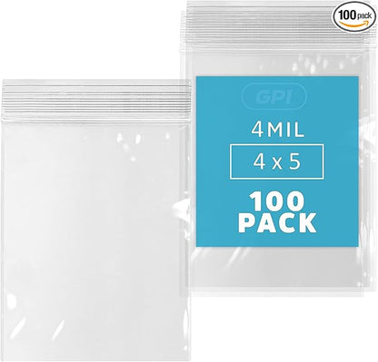 GPI - 100 Count 4" X 5" Zip Bags, Heavy-Duty 4 Mil Thick, Clear Reclosable Zipper Poly Baggies with Resealable Zip Top Lock For Storage, Packaging, Food, Nuts, Bolts & Screws