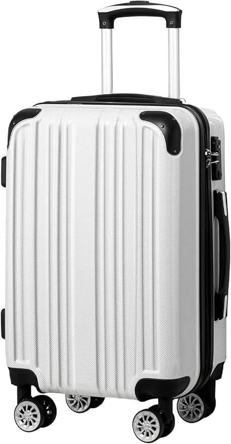 Coolife Luggage Expandable(only 28") Suitcase PC+ABS Spinner 20in 24in 28in Carry on (white grid new, S(20in)_carry on)