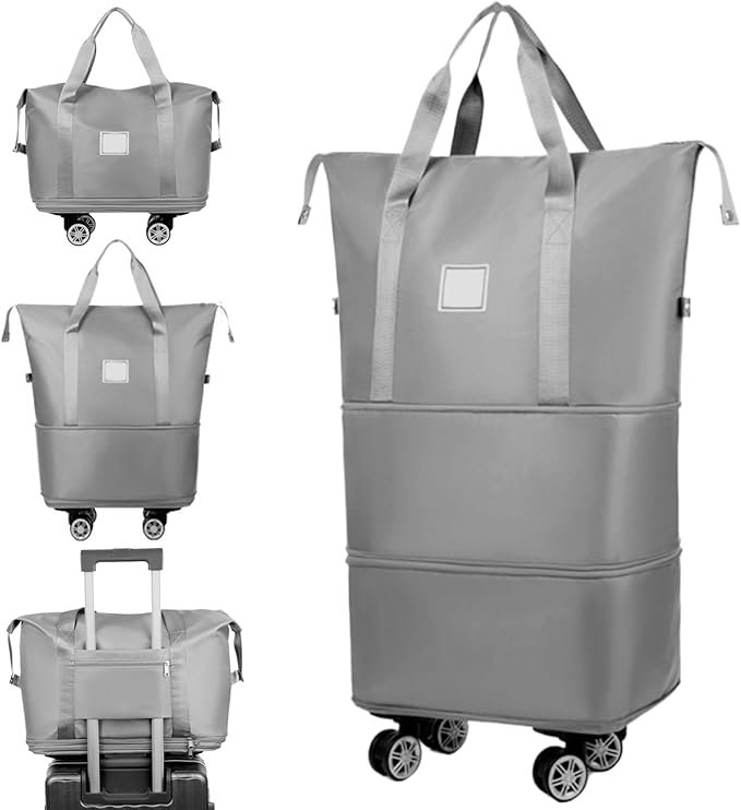 Rolling Duffle Bag with Wheels and Handle, Expandable Foldable Luggage Bag Grey