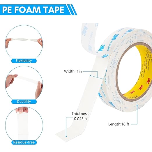 3M 1600T Double Sided Tape, PE Foam Tape 1" x 18 Ft White Removable Strong Adhesive No Residue for RV Picture Hanging, Posters Frames Wall Decor Indoor & Outdoor Use