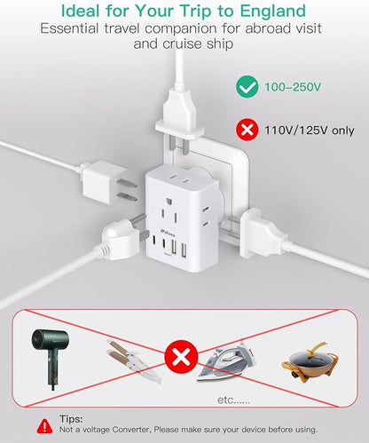 2 Pack US to UK Ireland Travel Plug Adapter, Type G Plug Adapter with 4 Outlets 4 USB Ports (2 USB C), UK Power Adapter for USA to London England Scotland British Kenya Qatar Hongkong