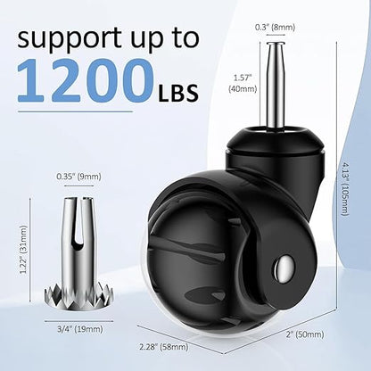 2 Inch Ball Caster Wheels - Stem Casters Set of 4,Heavy Duty 1200 LBS,360° Swivel,Non Marking Polyurethane,Black Replacement Castors for Furniture, Cabinet, Cart,Coffee Table (Premium Black)