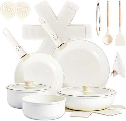 19-Piece Nonstick Pots and Pans Set, Aluminum Cookware Set with Detachable Handles, Non Stick Cooking Set for Kitchen, Induction-Compatible Pots and Pans, White (PFOA-Free)