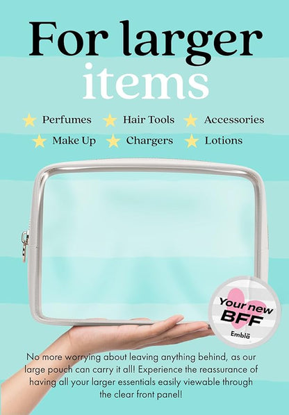 Clear Makeup Bag Zipper Pouch, Transparent Cosmetic Case Organizer, TSA Approved Travel Toiletry Case, Travel Accessories Essentials Makeup Tote for Women, Large Cute Make up Bag for Purse - White