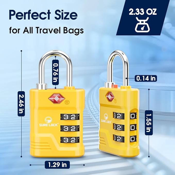 SURE LOCK TSA Locks for Luggage, TSA Approved Luggage Locks with Open Alert, 008 Key for High Security, Easy Read Dials, Zinc Alloy Body, Locker Lock for Suitcase, Gym, Travel. (Yellow 1 pk)