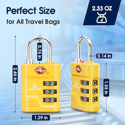 SURE LOCK TSA Locks for Luggage, TSA Approved Luggage Locks with Open Alert, 008 Key for High Security, Easy Read Dials, Zinc Alloy Body, Locker Lock for Suitcase, Gym, Travel. (Yellow 1 pk)
