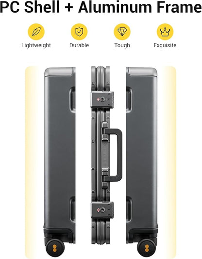 LEVEL8 Zipperless Carry On Luggage Airline Approved with Aluminum Frame, Hard Shell Suitcase with Spinner Wheels, Metal Checked Luggage with Packing Organizers, 20 Inch, Grey