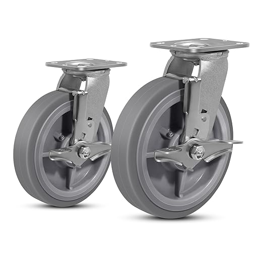 8 Inch Rubber Wheels (Flat Tread)- Heavy Duty Casters, Industrial Caster Wheels- with up to 1200 LB Capacity- Use for Dollies, Utility and Maintenance Carts(2 Brake)