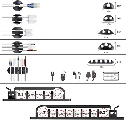 N NOROCME 192 PCS Cable Management Kit 4 Wire Organizer Sleeve,11 Cable Holder,35Cord Clips 10+2 Roll Cable Organizer Straps and 100 Fastening Cable Ties for Computer TV Under Desk, black,clear