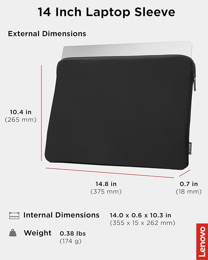 Lenovo Basic Laptop Sleeve 14 Inch Notebook/Tablet Compatible with MacBook Air/Pro Neoprene Material - Soft Fleece Lining - Zippered Top Opening - Black