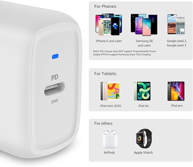Amazon Basics 20W One-Port USB-C Wall Charger with Power Delivery PD for Tablets & Phones (iPhone 16/15/14/13/12/11/X, iPad, Samsung, and more), non-PPS, 1.81 x 1.73 x 1.09 inches, White