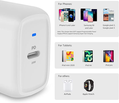 Amazon Basics 20W One-Port USB-C Wall Charger with Power Delivery PD for Tablets & Phones (iPhone 16/15/14/13/12/11/X, iPad, Samsung, and more), non-PPS, 1.81 x 1.73 x 1.09 inches, White