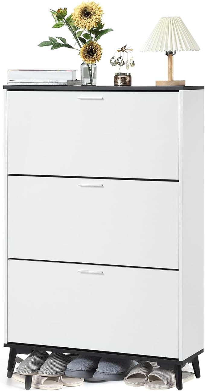 Narrow Shoe Cabinet with 3 Flip Drawers, 47 Inch Tall Freestanding Storage, Farmhouse Style Slim Organizer for Entryway Hallway Closet