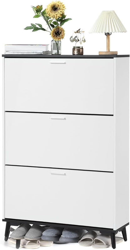 Narrow Shoe Cabinet with 3 Flip Drawers, 47 Inch Tall Freestanding Storage, Farmhouse Style Slim Organizer for Entryway Hallway Closet