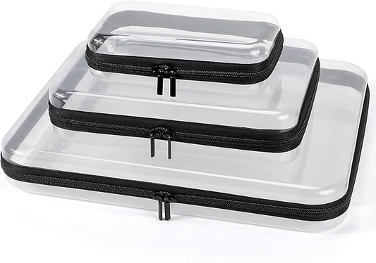 3 Pack Clear Hard Shell Zipper Case, Clear Zipper Pouches Waterproof Makeup Organizer & Travel Toiletry Bag, Plastic Pouch for Travel Office Storage, Black,3 Pack, LMS