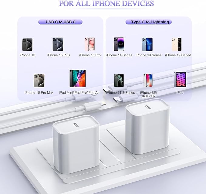 Extra Long 10FT iPhone Fast Charger,i Phone Charger Fast Charging【MFi Certified】2Pack 20W PD Fast USB C Charger Block + 10Foot i Phone Charging Cable Cord for iPhone 15/14/13/12/11/XS/XR/SE2022/8/iPad