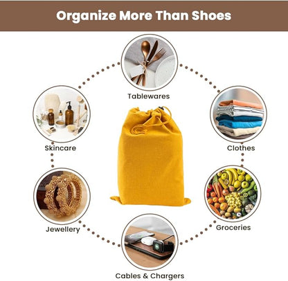 LFH Cotton Rich Shoe Storage Bags with Drawstring, Dustproof Breathable Reusable Organizer, Perfect For Travel, Dorm, Hotel, College, Gym, Easy to Carry, Machine Washable 8"x17" (Pack of 4) - Golden