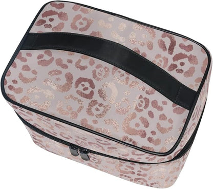 Makeup Bag, Rose Gold Leopard Travel Makeup Organizer Bag Cosmetic Cases Toiletry Bags for Girl Women Ladies