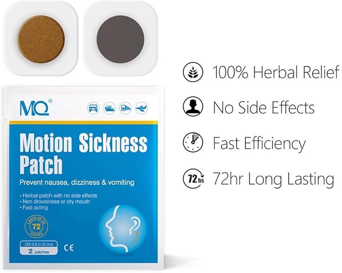 MQ 14 ct Motion Sickness Patches Non Drowsy Sea Sickness Patch for Cruise Travel Essentials, Waterproof Car Sick Patches Behind Ear Fast Acting & Long Last 72H, 1 Pair of Wristbands as a Bonus