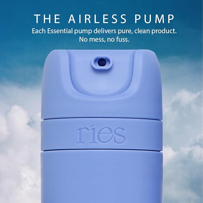 RIES Essential Refillable Toiletry Travel Bottles – Set of 5 (3.4oz & 1.7oz) Airless Pump Containers for Shampoo, Conditioner, Body, Face – Leak-Proof, TSA-Approved, Dishwasher Safe- Runaway Blue