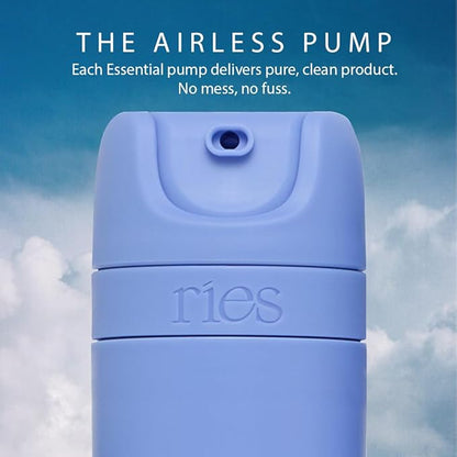 RIES Essential Refillable Toiletry Travel Bottles – Set of 5 (3.4oz & 1.7oz) Airless Pump Containers for Shampoo, Conditioner, Body, Face – Leak-Proof, TSA-Approved, Dishwasher Safe- Runaway Blue