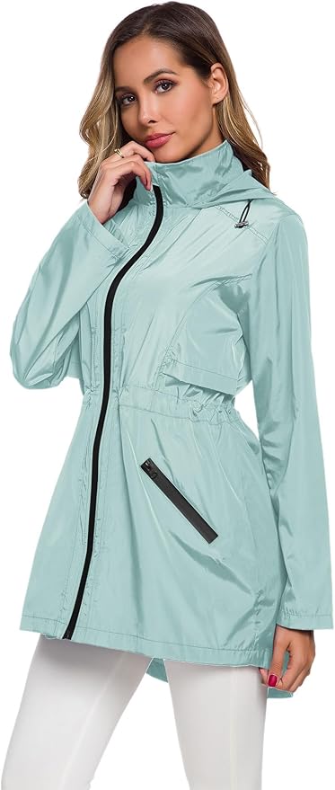 Avoogue Women's Long Raincoat with Hood Outdoor Lightweight Windbreaker Rain Jacket Waterproof