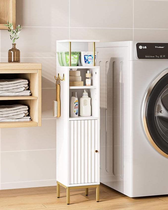 Bathroom Storage Cabinet,Small Corner Floor Cabinet with 2 Hook,Narrow Tall Toilet Paper Cabinet with Adjustable Shelves,Bathroom Organizer for Living Room,Small Spaces (Wave, White-37''H)