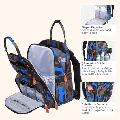 BabbleRoo Diaper Bag Backpack - Baby Essentials Travel Tote - Multi Function Water Resistant Diaper Bag, Travel Essentials Baby Bag with Changing Pad, Stroller Straps & Pacifier Case - Blue Camo
