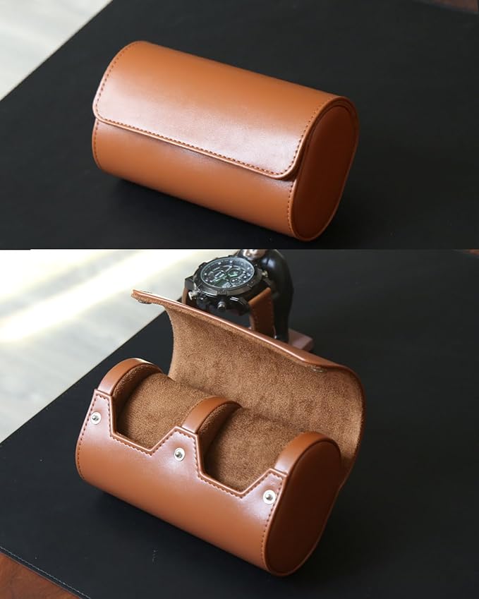 Watch Roll Travel Case for Men and Women with Suede Lining Portable 2 Slot Watch Display Storage and Organizer to Holder Large Watch(2 Slot Light Brown)