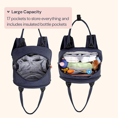 BabbleRoo Diaper Bag Backpack - Baby Essentials Travel Tote - Multi Function Water Resistant Diaper Bag, Travel Essentials Baby Bag with Changing Pad, Stroller Straps & Pacifier Case - Navy Blue