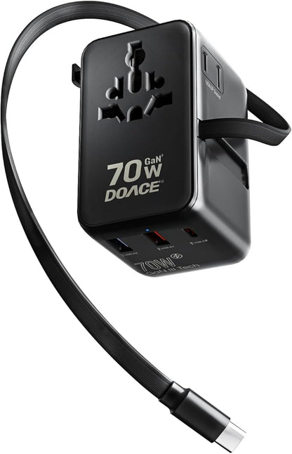 DOACE 70W Travel Adapter GaN 3.0, European Travel Plug Adapter with Built-in USB-C Cable, 6 in 1 International Power Adapter USB-C PD Fast Charging for EU/UK/USA/AUS
