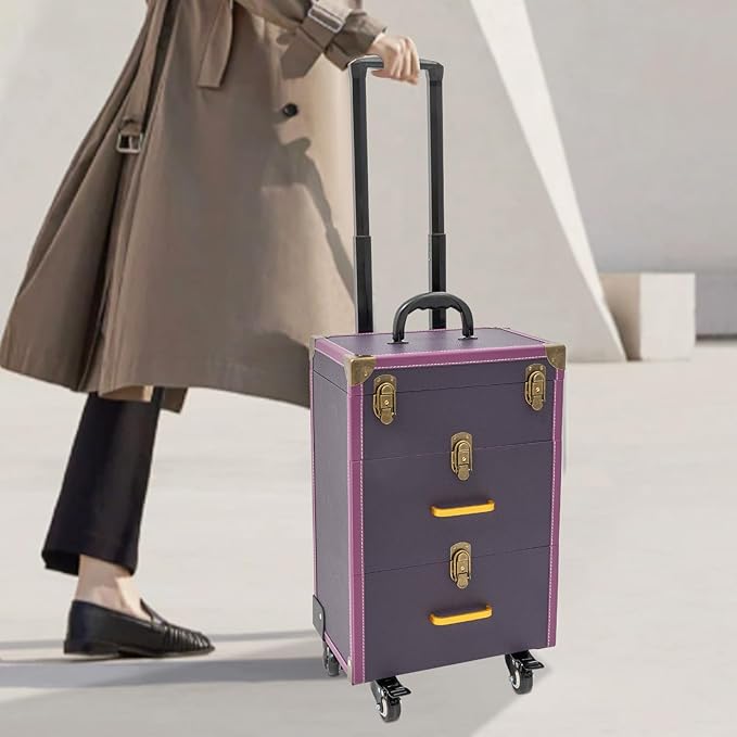 Rolling Makeup Case w/ 2 Keys, 3-tier Lockable Makeup Train Case w/ Drawers, Removable Baffle Nail Polish Organizer, Travel Cosmetic Case w/ 17.7in Telescopic Rod, 14.2*9*19.3in, Bronze Latch+Purple