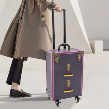 Rolling Makeup Case w/ 2 Keys, 3-tier Lockable Makeup Train Case w/ Drawers, Removable Baffle Nail Polish Organizer, Travel Cosmetic Case w/ 17.7in Telescopic Rod, 14.2*9*19.3in, Bronze Latch+Purple