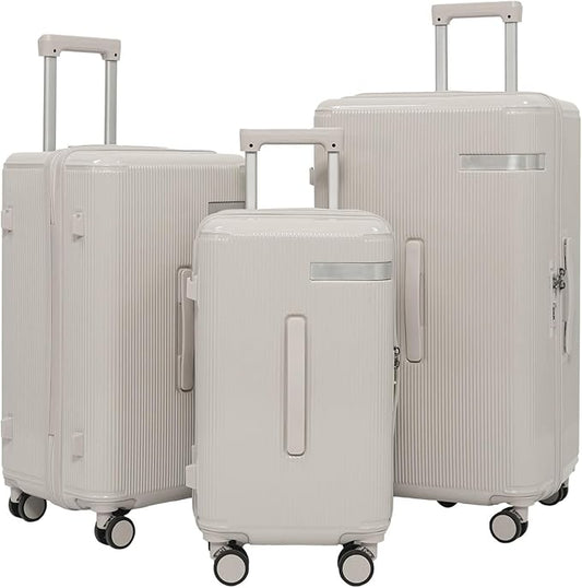 Travel Luggage Sets 3 Piece with Spinner Wheels, PC Hardside Suitcase Set for Family Trips with Cup and Phone Holder, Beige