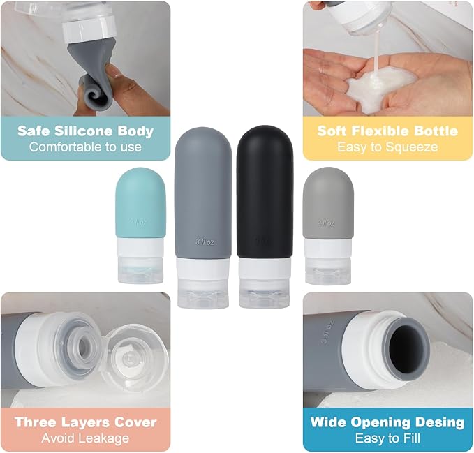 Travel Bottles Set for Toiletries, TSA Approved Travel Containers Leak Proof Silicone Squeezable Travel Accessories 2oz 3oz for Shampoo Conditioner Lotion Body Wash (Black)