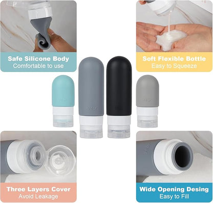 Travel Bottles Set for Toiletries, TSA Approved Travel Containers Leak Proof Silicone Squeezable Travel Accessories 2oz 3oz for Shampoo Conditioner Lotion Body Wash (Black)