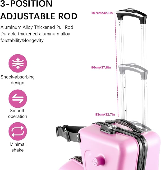 24 Inch Ride On Kids Suitcase with Wheels, Ride on Luggage with Pedal, Hardshell Kids Suitcase Adjustable Safe Harness, ABS+PC, Up To 100 Lbs, Pink