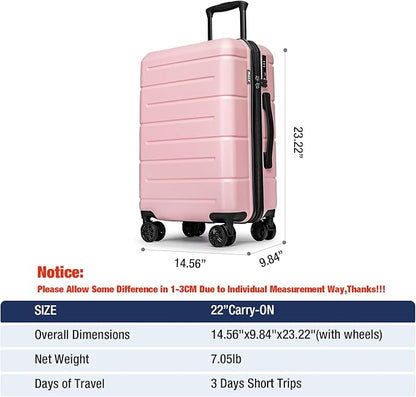 KYME Carry On Luggage 22x14x9 Airline Approved with TSA Lock Hardshell Carry-On Suitcase with Wheels Travel Rolling 22 inch Luggage with Cup Holder for Women Pink