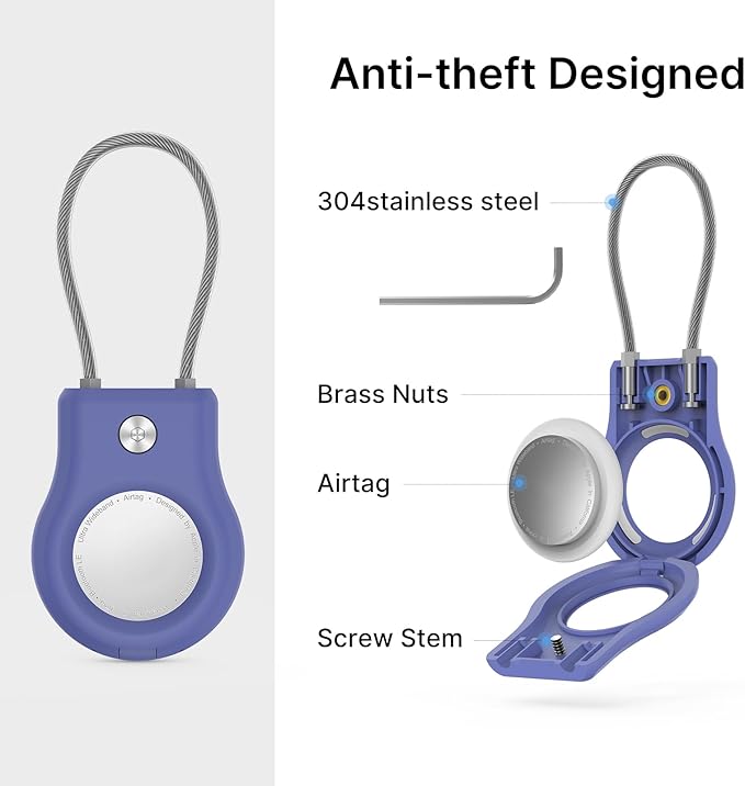 AirTag Keychain Holder - (4 Pack) Airtag Lock Case with Wire Cable Compatible with Apple AirTags,Ultra Durable Anti-Lost Protective Case with Keyring for Luggage, Key, Backpack, Pet, Bag Black/Blue