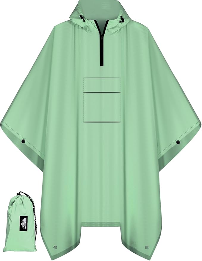 Bruvoalon 3-in-1 Rain Poncho with 1/4 Zip & Chest Pocket, Waterproof, Sunshade, Ground Mat for Adults & Youth Emergency