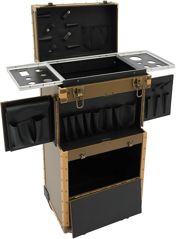 Beauty Rolling Makeup Train Case, Professional Lockable Rolling Salon Luggage, Retro-Rolling Cart Storage Organizer Trolley Make Up Case, 4 Universal Wheels, Retractable Rod, Buckle (Gold)