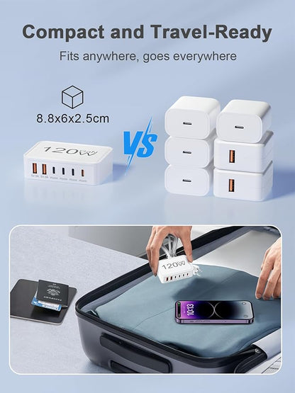 120W USB C Charger Block, 6 Port USB Charging Station for Multiple Devices, 5FT Desktop Multi Charging Hub Compatible with iPhone Samsung ipad, for Travel Home Office