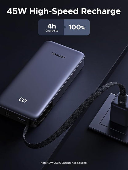 UGREEN Nexode Power Bank 20000mAh 45W with Built-in Cable, Fast Charging Portable Charger for iPhone 17 Pro/Samsung S25 Ultra/iPad Pro, 3-Port External Battery Pack with Digital Display, Travel Ready